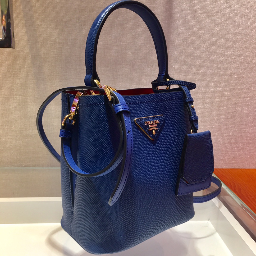 Prada Small Saffiano Leather Panier Bag Blue/Red 1BA217